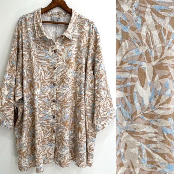 Catherine’s linen button front top 3/4 length sleeves tan blue leaf print 6X - Picture 1 of 11